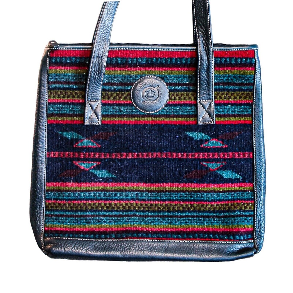 Born 100% Leather And Wool Large Zip Tote Bag Blue Red Mexican Motifs